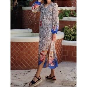 Johnny Was Silk Oksana Leopard Floral Maxi Dress / Boho Kaftan Swim Cover Up MD